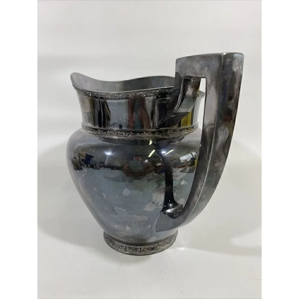Antique H.S. Co Silverplate Water Pitcher Art Deco 7.75” X 9.5” Geometric Handle